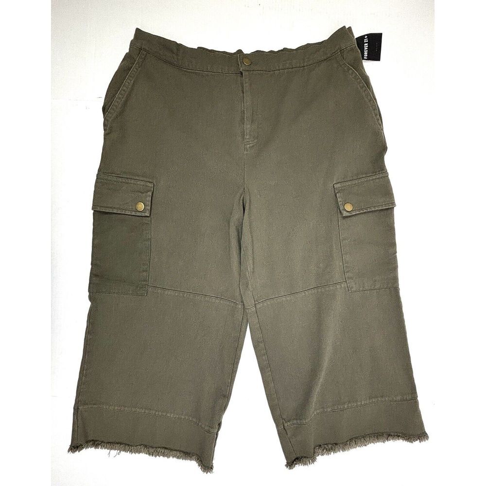 Forever 21 Cargo Ankle Pants Womens 1X Olive Raw Hem Stretch Classic Casual NWT
